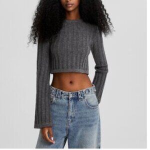Bershka Ribbed Cropped Sweater in Grey